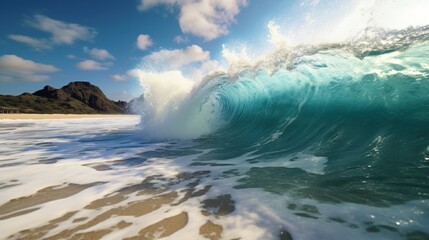 Fototapeta premium tsunami wave approaching the shore, symbolizing the danger of seismic sea waves