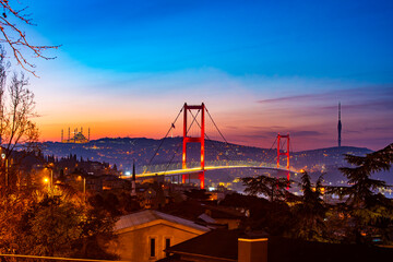 Istanbul City in Turkey. Beautiful Istanbul bosphorus sunrise landscape. Amazing colored sky in morning. Istanbul Bosphorus Bridge..