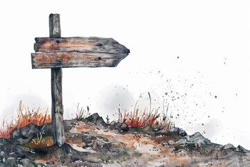 Watercolor painting of a rustic wooden direction sign amidst a sparse landscape with space for text, ideal for themes of guidance, decision-making, and travel