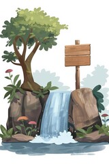 Illustration of a serene waterfall in a lush forest setting with a blank wooden signpost, ideal for eco-friendly concepts or custom text backgrounds