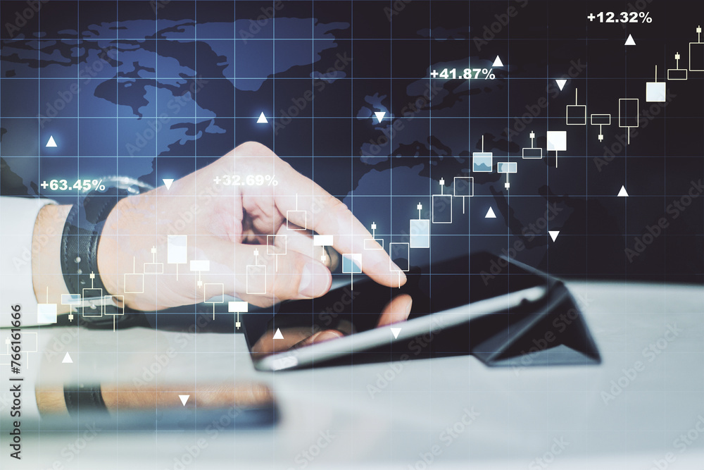 Aufkleber abstract creative financial graph with world map and finger clicks on a digital tablet on background