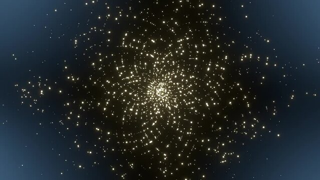 Seamless loop animation, stardust in radial flower shape, light particles on dark background, computer graphics