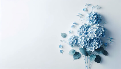 A delicate blue Hydrangea arrangement is positioned in the far right corner and Floral backgrounds in shades of blue are suitable for spring or summer design projects