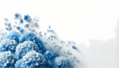 A delicate blue Hydrangea arrangement is positioned in the far right corner against a pure white background. - obrazy, fototapety, plakaty