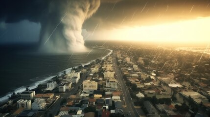 tropical cyclone with powerful winds and rain, bringing destruction to coastal city