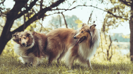 2 Collies Langhaar britisch sable in interaktion, 1 Collie schüttelt sich, Sommer