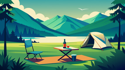 Spring Camping Pitching Tent on Lush Green Grass with Mountain Views