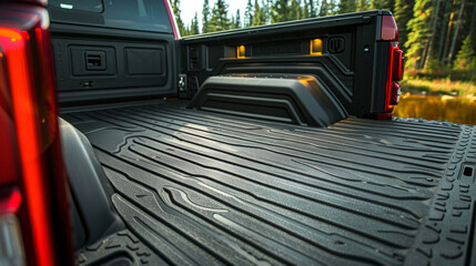 A durable rubber bed liner, custom-molded to fit the contours of the truck bed, protecting against scratches and dents