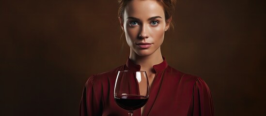 A sophisticated woman with elegant attire is gracefully holding a crystal glass filled with red wine in front of her face