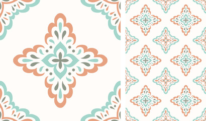 Cute scandinavian style ethnic seamless pattern. Hugge and calm hand drawn design. Moroccan tile. Mexican Spanish Talavera. Endless swatch with arabesque.