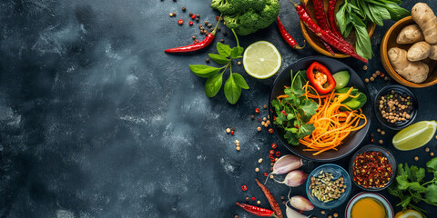 Vegetables on black background. Bio healthy food, herbs and spices. Organic vegetables, healthy food concept. Bell peppers, tomatoes, spices, on dark background on copy space.
