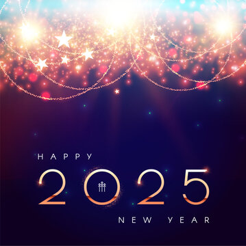 Happy New 2025 Year shining design template with light garlands and light effect. Christmas background.