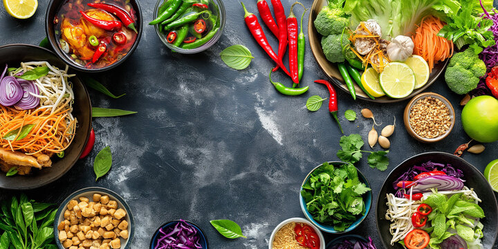 Vegetables on black background. Bio healthy food, herbs and spices. Organic vegetables, healthy food concept. Bell peppers, tomatoes, spices, on dark background on copy space.