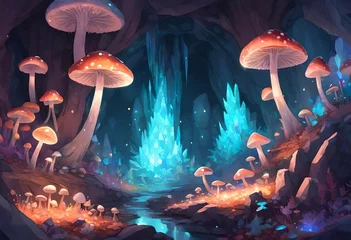 Schilderijen op glas Crystal Cave filled with shimmering crystal formations, glowing mushrooms, and irides © Ehtisham