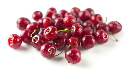 A handful of plump, juicy cherries scattered on a white background, displaying their vibrant red color and glossy appearance.