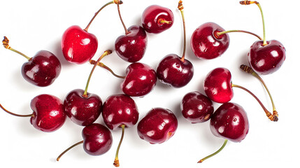 A handful of plump, juicy cherries scattered on a white background, displaying their vibrant red color and glossy appearance. - obrazy, fototapety, plakaty