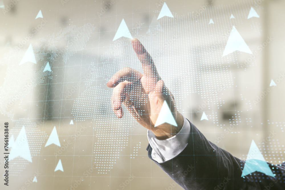 Poster man hand clicks on abstract virtual geolocations map sketch on blurred office background, gps tracki