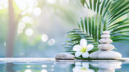 Spa setting with stacked stones and frangipani flower, serene water and palm leaves, zen wellness atmosphere