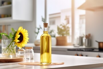 Sunflower oil bottle on kitchen counter with bloom - obrazy, fototapety, plakaty