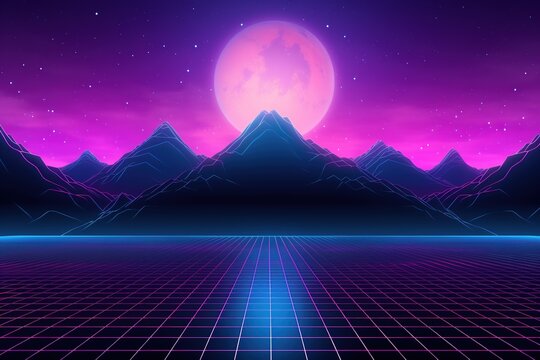 Neon purple synthwave style mountains under large moon