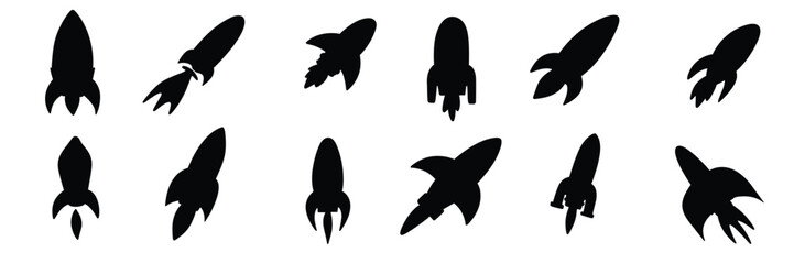 Big collection of rocket silhouettes. Hand drawn vector art.