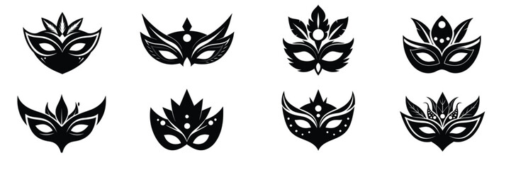 Big collection of carnival mask silhouettes. Hand drawn vector art.