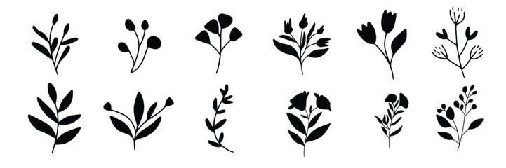Big collection of flower silhouettes. Hand drawn vector art.
