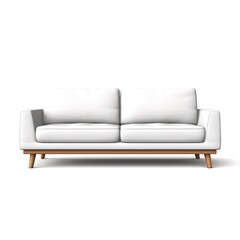 Minimalist white sofa with wooden legs on a white backdrop