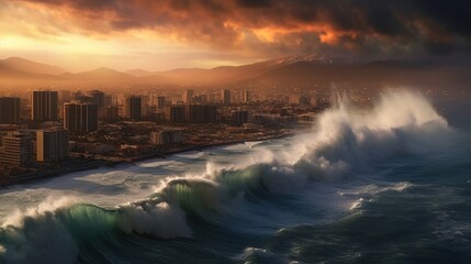 Tsunami king tide, dark stormy sky and rain approach the buildings of Surfers paradise - obrazy, fototapety, plakaty