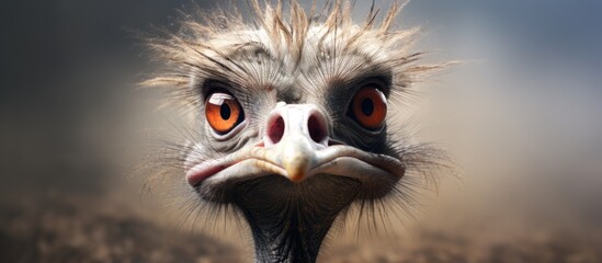 Close up of a birds head with beak and orange eyes staring at the camera, possibly an ostrich, a terrestrial animal belonging to the ratite family - obrazy, fototapety, plakaty
