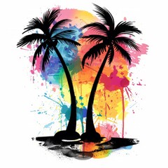A painting depicting two palm trees standing tall in front of a vibrant and colorful backdrop