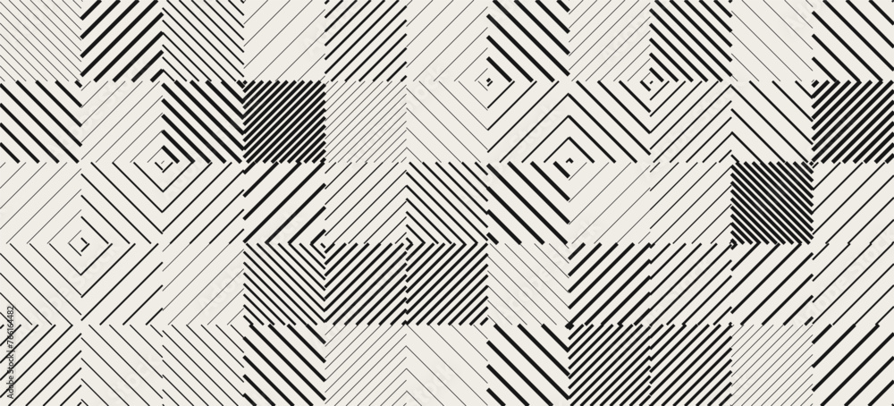 Poster Geometric Lines Square Tiles Seamless Pattern. Vintage Game Background. Vector Illustration. Lines Halftone Effect Random Mosaic Generative Art.
