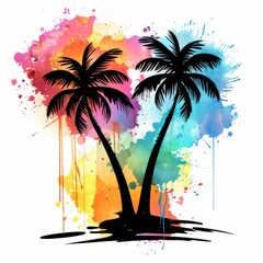 A painting featuring two tall palm trees against a plain white background