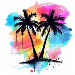 A painting featuring two palm trees set against a vibrant and colorful background