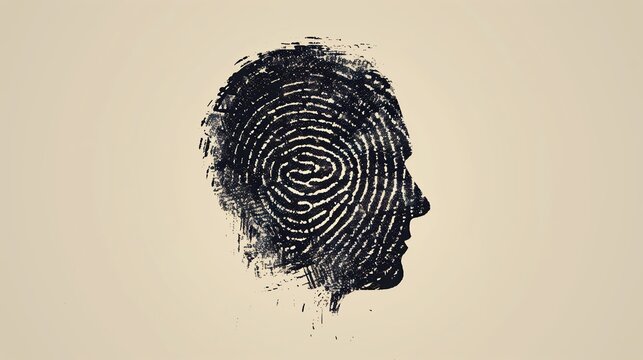 The image features a silhouette of a head made out of a fingerprint. The background is a light beige color.