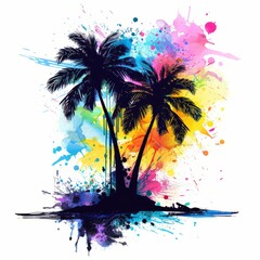 A vibrant painting of a palm tree with rainbow-colored splatters of paint creating a dynamic and energetic composition
