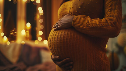 Close-up of a pregnant woman's belly, with hands holding her belly in a home environment, focusing on her hand and her round belly with a blurred background - obrazy, fototapety, plakaty