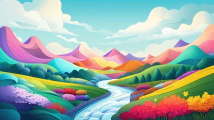 Schilderijen op glas Simple rolling hills landscape in rainbow colors with a river flowing in between, flat illustration. © ribelco