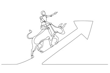 Robot riding a bull in motion, moving upwards along the direction of a large arrow. Symbolizes upward progress or positive momentum