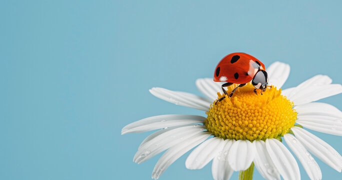 Image of a ladybug on top of a daisy flower, isolated blue background with copy space,