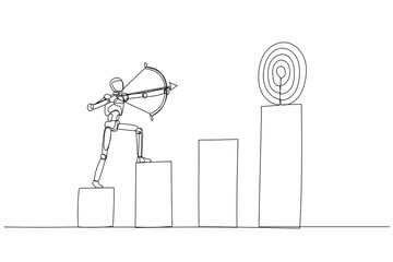 Robotic archer stands poised on a pedestal, aiming an arrow at a distant target. The scene symbolizes focused goal-setting and determination.