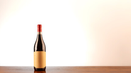 A bottle of fine red wine, resting on a wooden table - 766165084