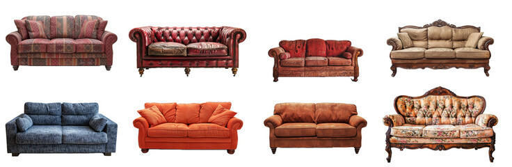 set of couches and sofas - vintage style furniture isolated - obrazy, fototapety, plakaty