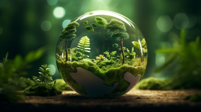 World Environment And Earth Day Concept With Glass Globe And Eco Friendly Enviroment.