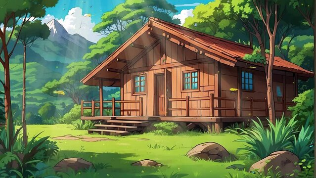 Delight in the picturesque scenery of a wooden house surrounded by lush greenery in the forest, with anime-style butterflies adding a touch of whimsy to the sunny day in this mesmerizing 4K video loop