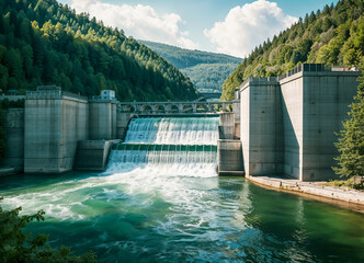 Impressionnante vue d'un barrage hydraulique, ciel bleu, forêt, journée ensoleillée