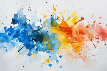 Various vivid colors of paint splattered in a chaotic pattern on a clean white background