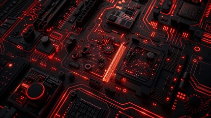 Circuito electrónico o placa base iluminada de un ordenador, representación - obrazy, fototapety, plakaty