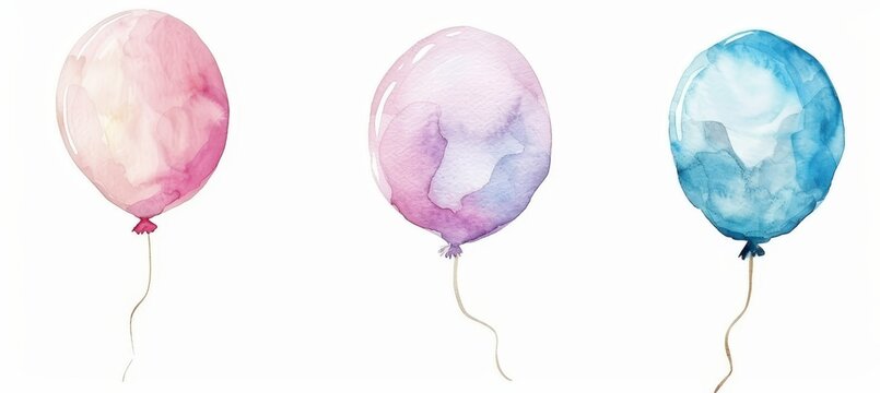 Three watercolor balloons are displayed in varying hues of red, blue, and green against a white background
