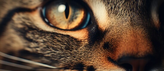 Close up of a Felidaes eye showcasing its vibrant iris, whiskers, and eyelashes, with a blurred background of a fawncolored nose and snout of the terrestrial carnivore cat - Powered by Adobe